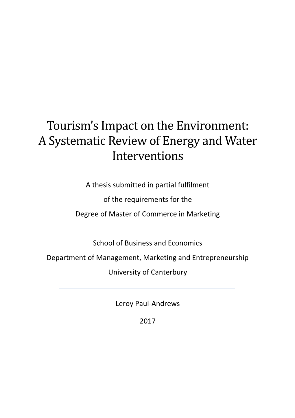Tourism's Impact on the Environment: a Systematic Review of Energy and Water Interventions