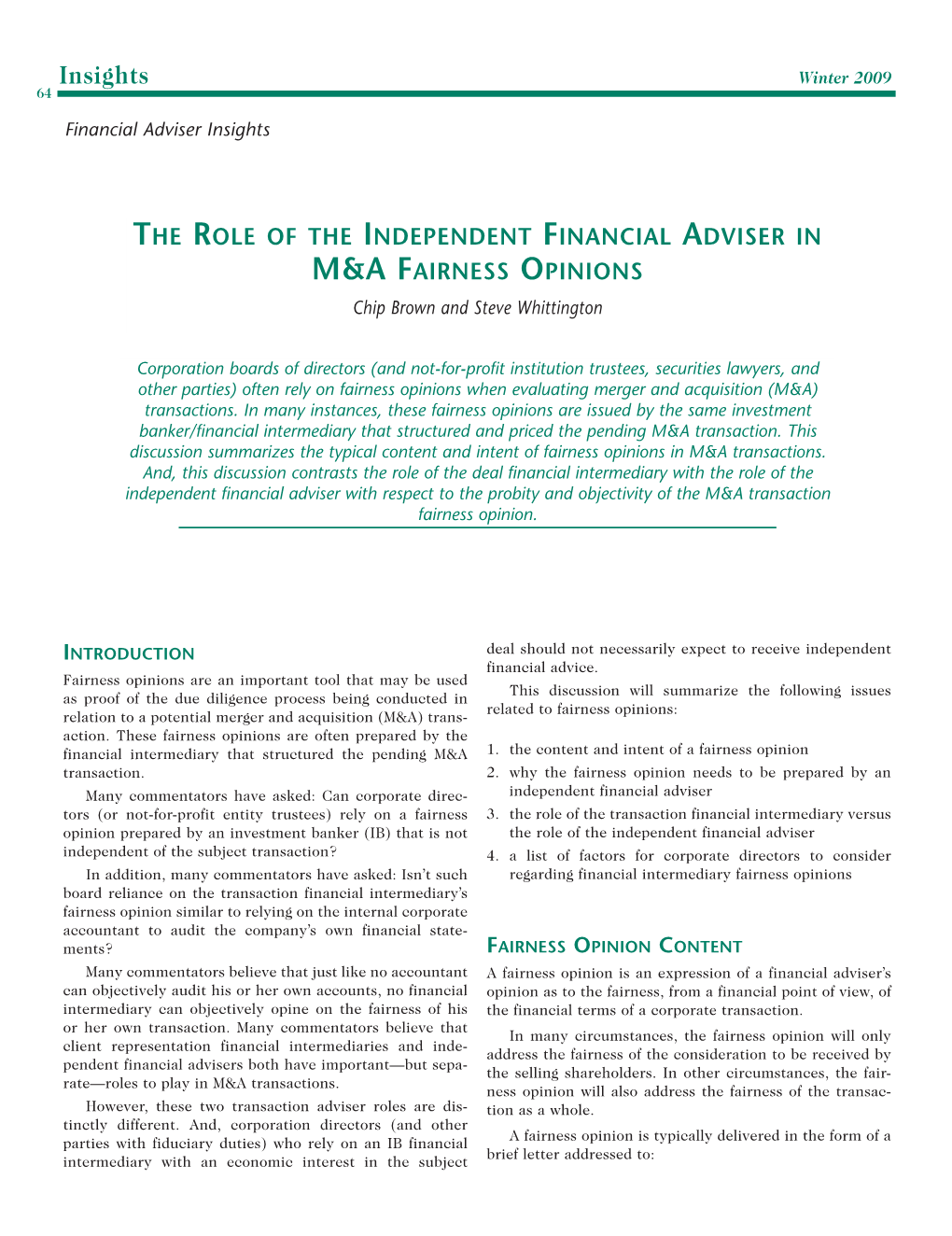The Role of the Independent Financial Adviser in M&A Fairness Opinions