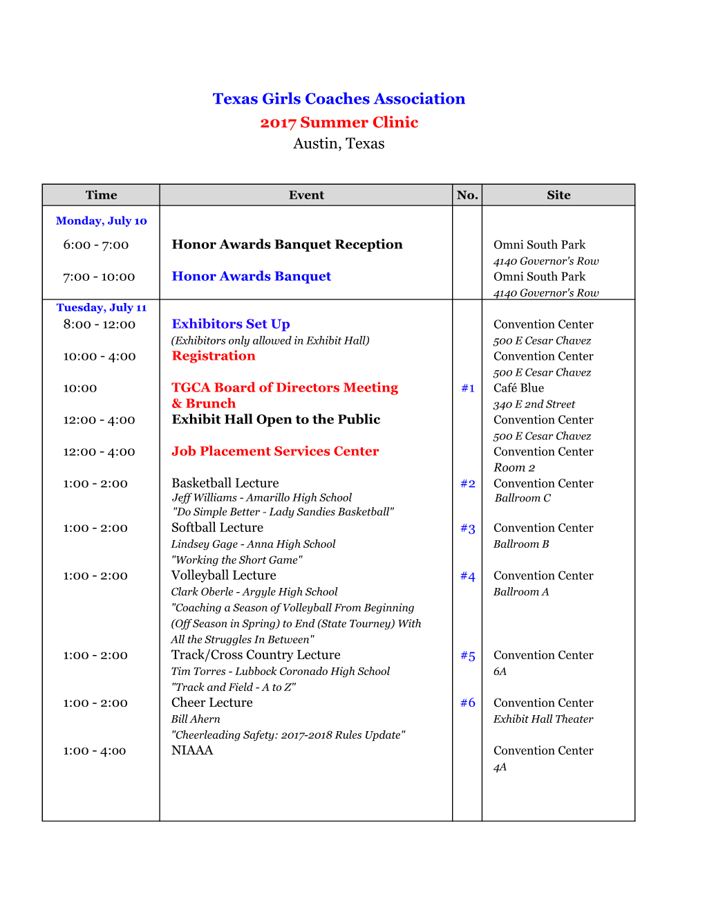 2017 Summer Clinic Schedule