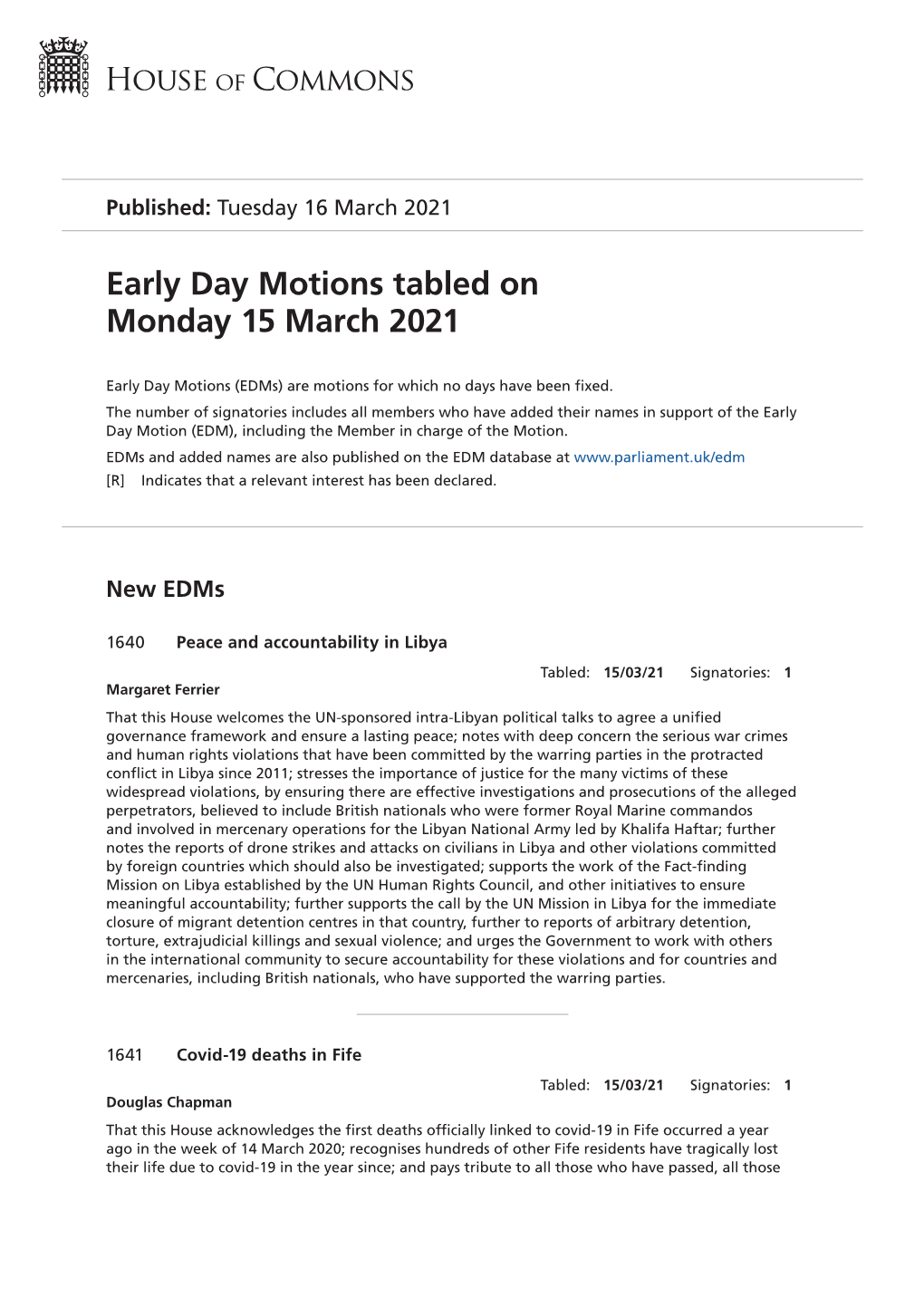 View Early Day Motions PDF File 0.12 MB