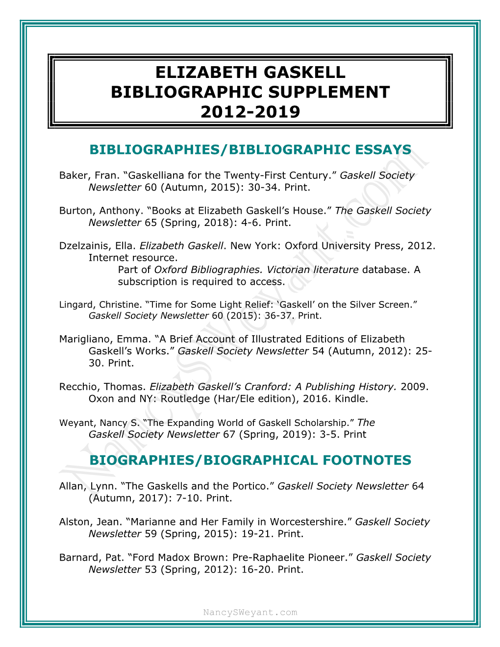 Elizabeth Gaskell Bibliographic Supplement 2012-2019