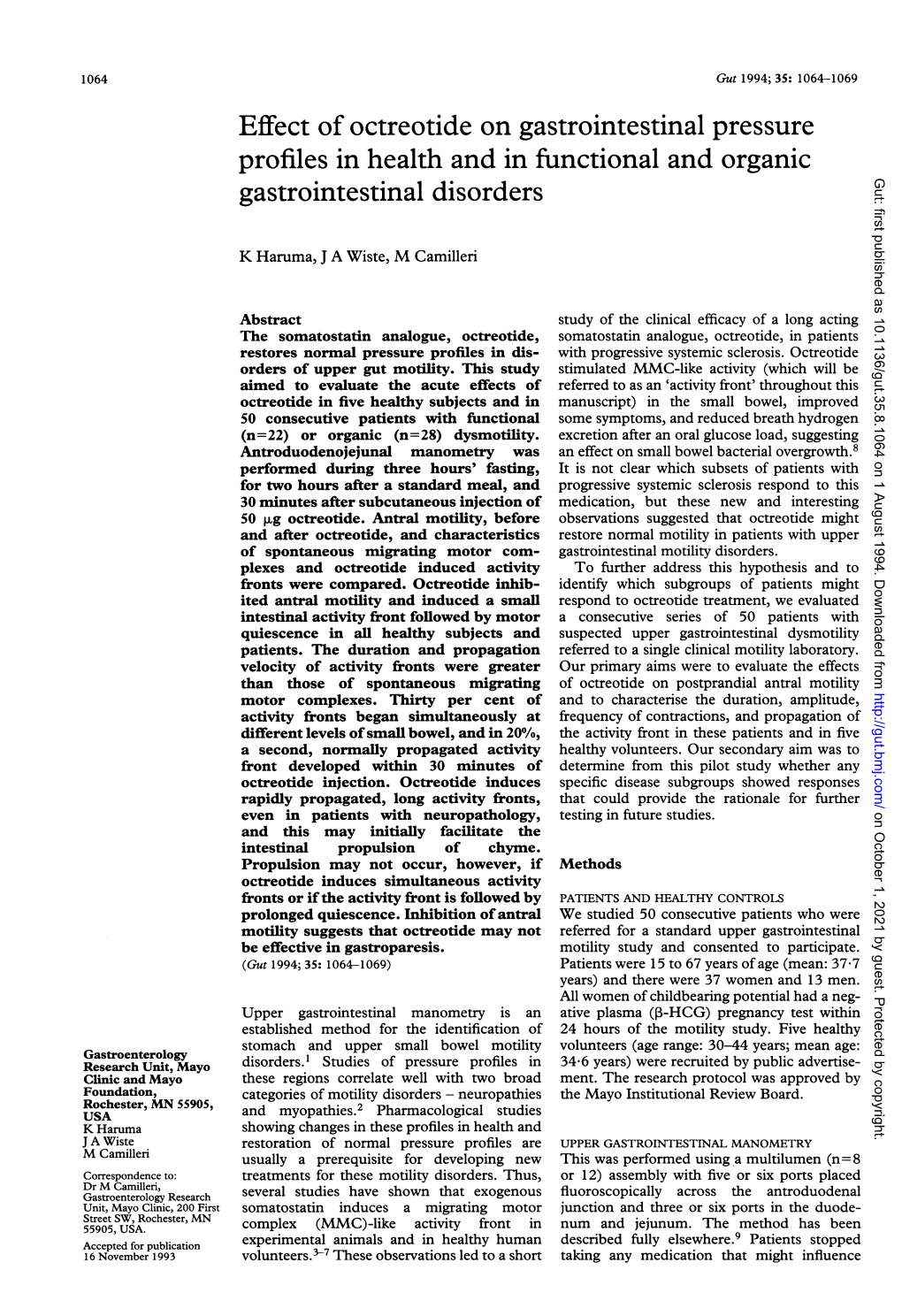 Effect of Octreotide on Gastrointestinal Pressure