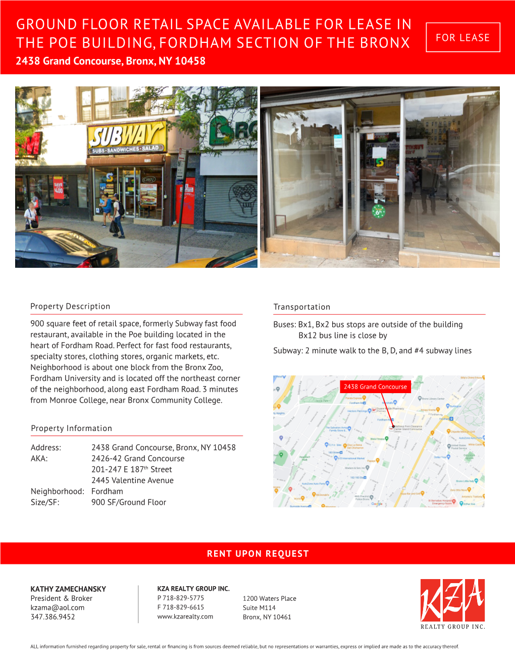 GROUND FLOOR RETAIL SPACE AVAILABLE for LEASE in the POE BUILDING, FORDHAM SECTION of the BRONX for LEASE 2438 Grand Concourse, Bronx, NY 10458