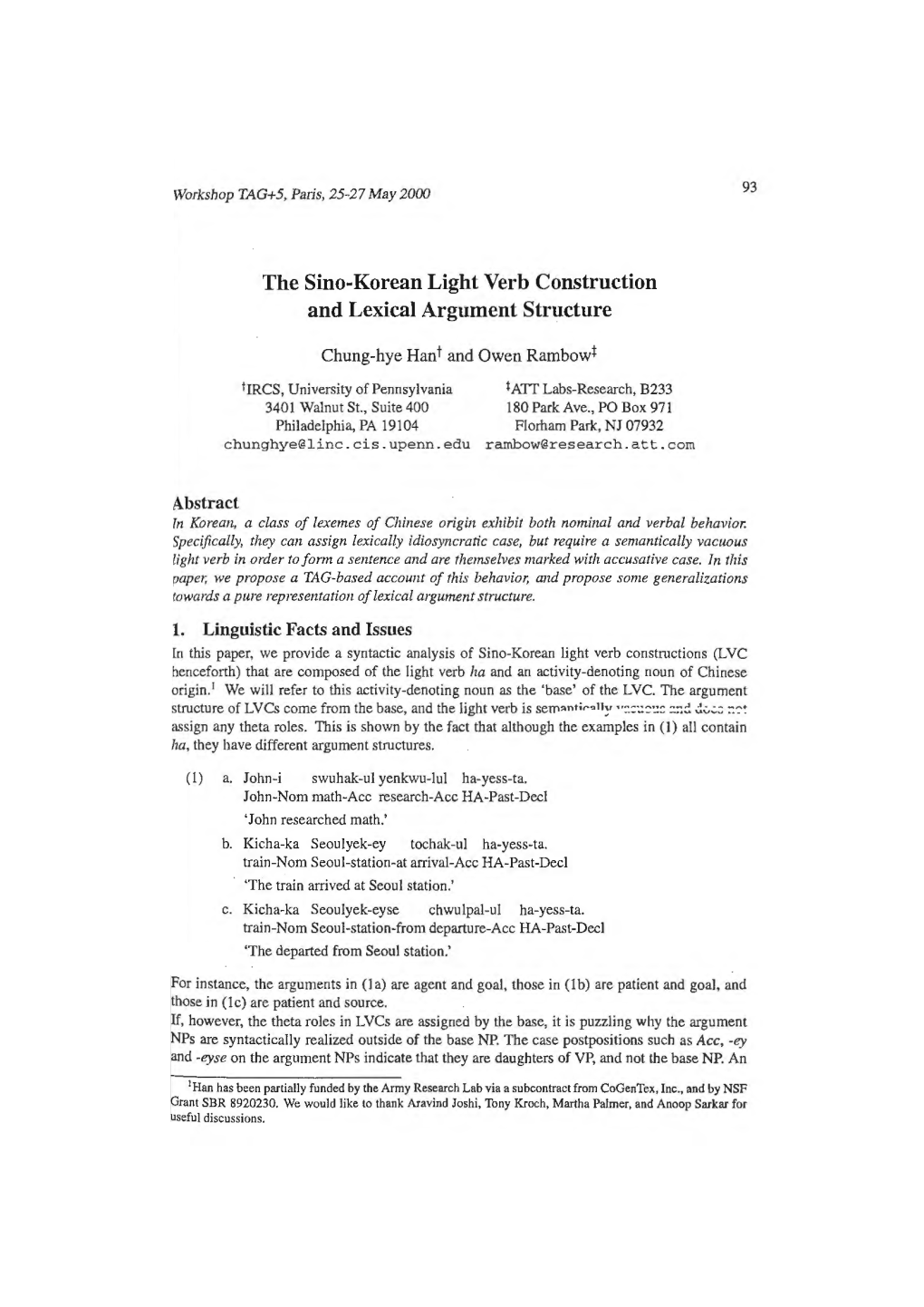The Sino-Korean Light Verb Construction and Lexical Argument Structure