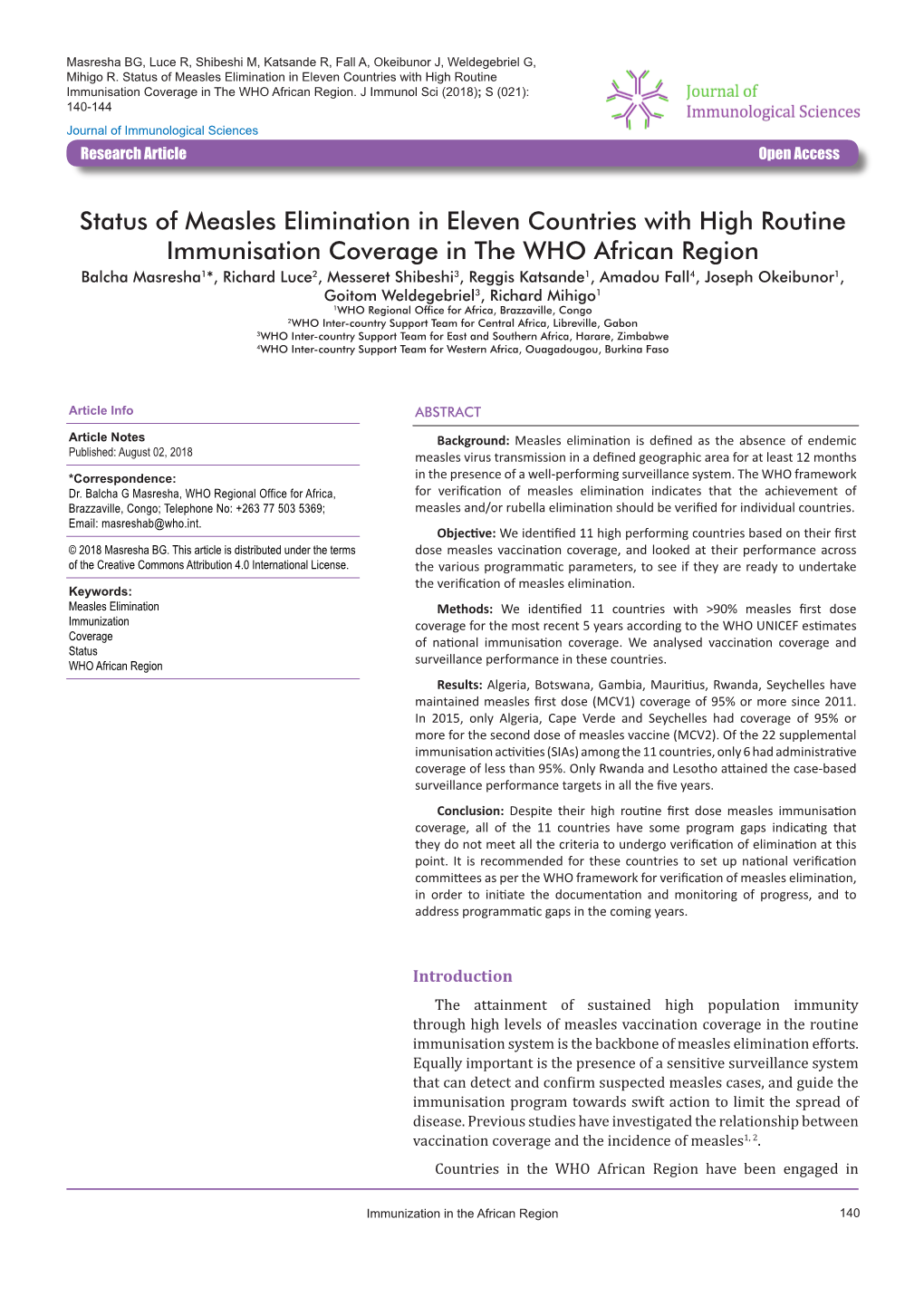 Status of Measles Elimination in Eleven Countries with High Routine Immunisation Coverage in the WHO African Region