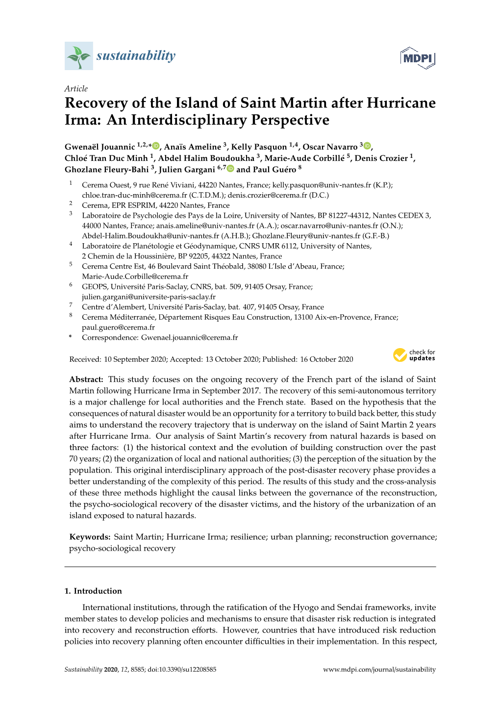 Recovery of the Island of Saint Martin After Hurricane Irma: an Interdisciplinary Perspective