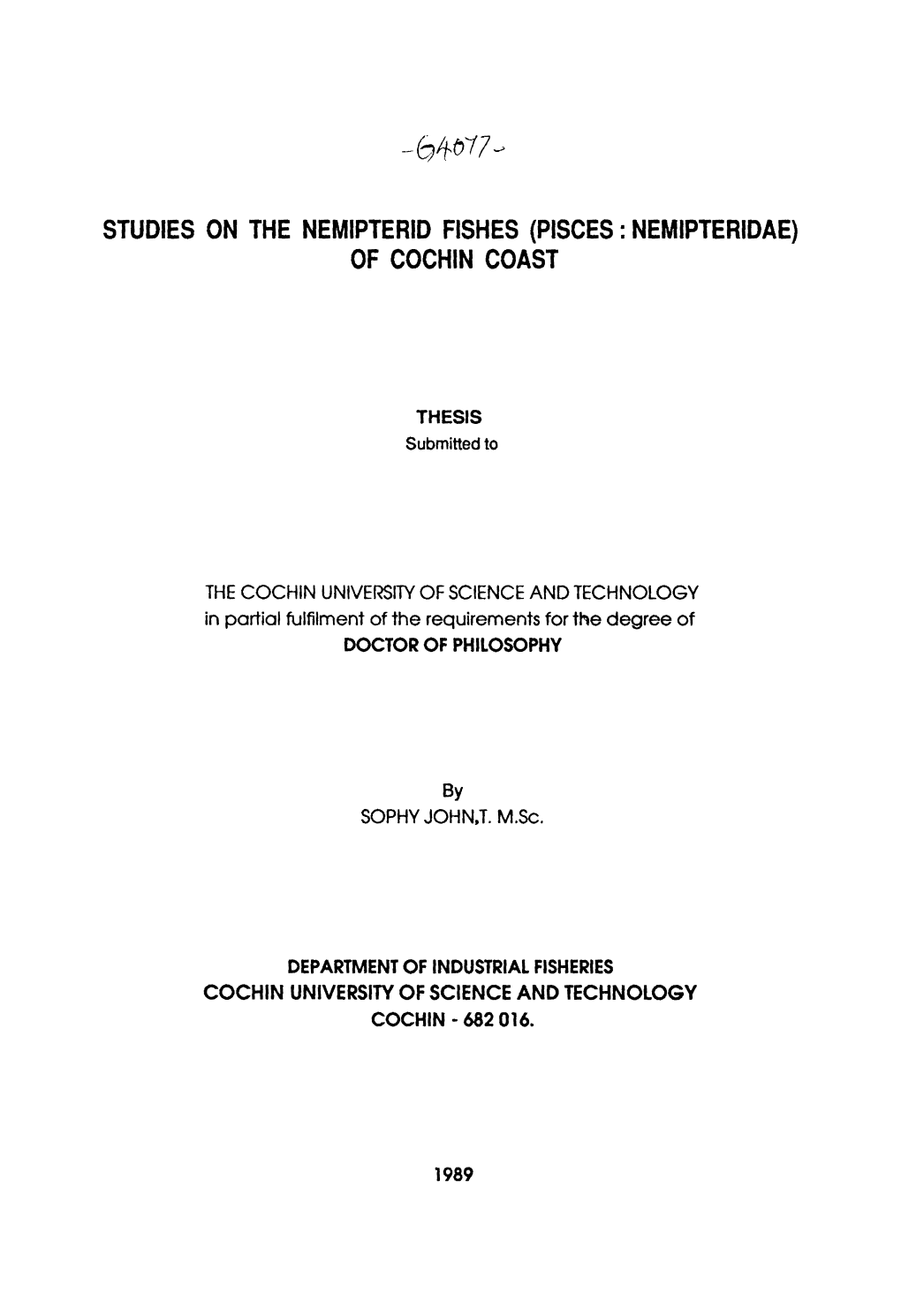 Studies on the Nemipterid Fishes (Pisces:Nemipteridae)