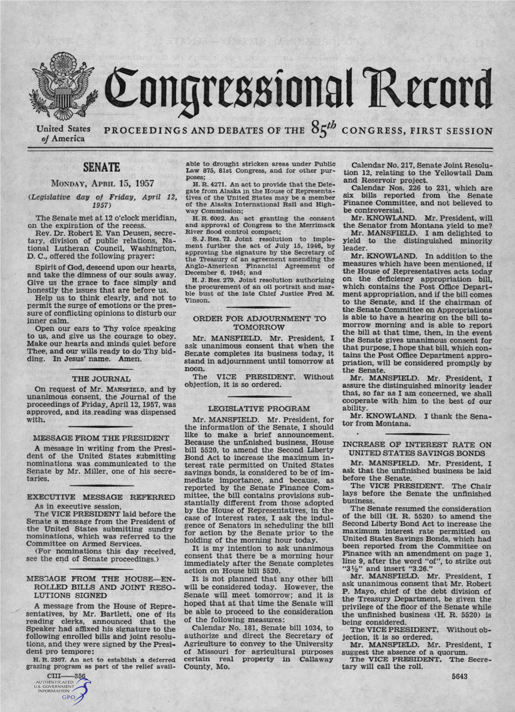 Senate Joint Resolu­ SENATE Law 875, Blst Congress, and for Other Pur­ Tion 12, Relating to the Yellowtail Dam Poses; and Reservoir Project