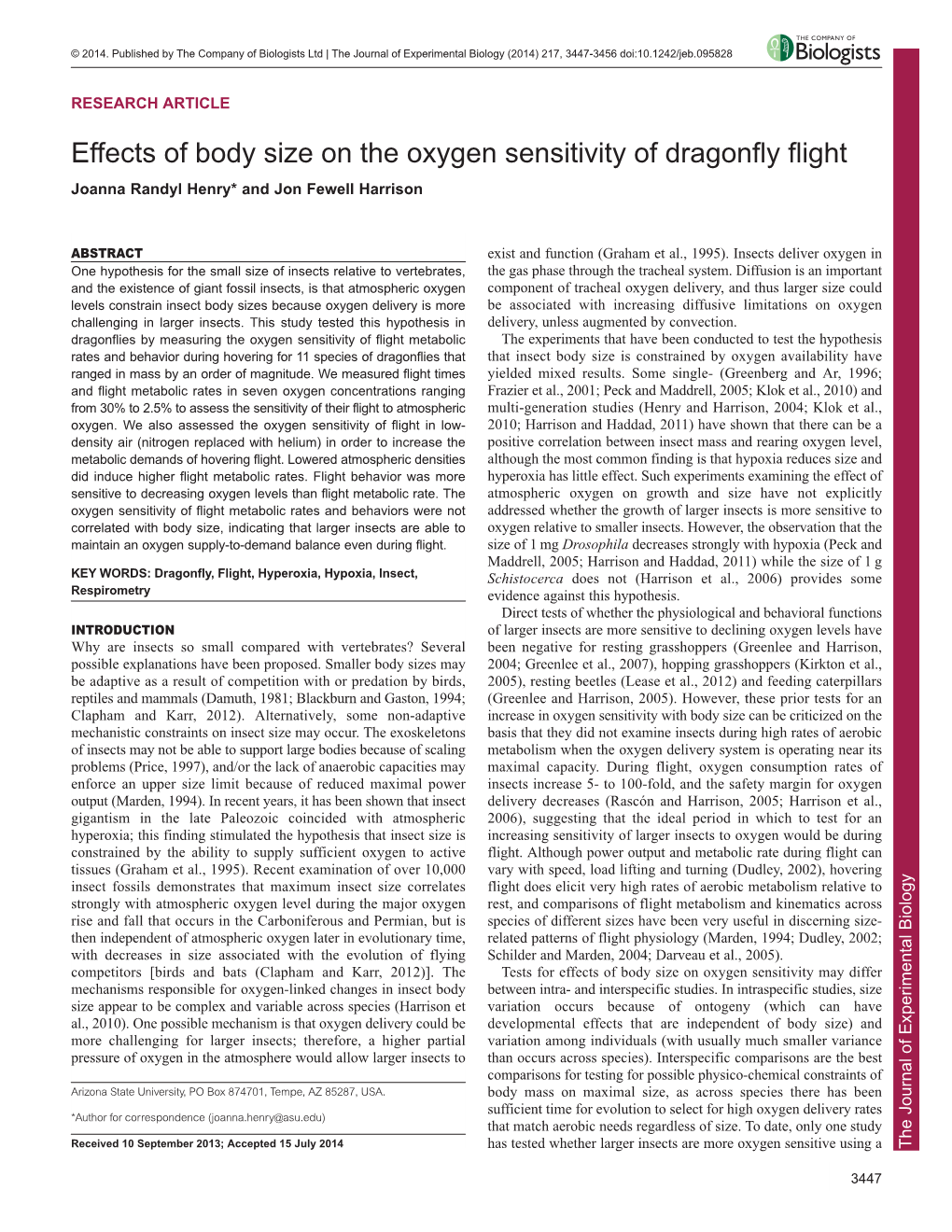Effects of Body Size on the Oxygen Sensitivity of Dragonfly Flight