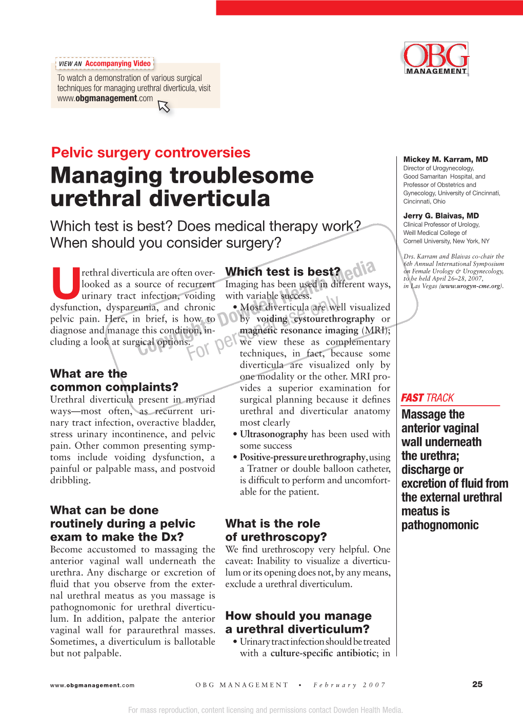 Managing Troublesome Urethral Diverticula