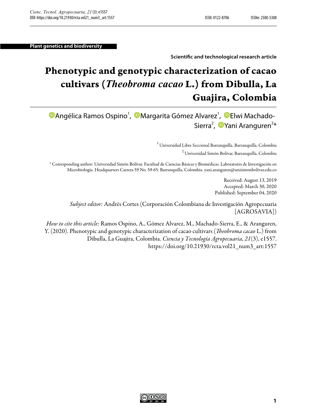 Phenotypic and Genotypic Characterization of Cacao Cultivars (Theobroma Cacao L.) from Dibulla, La Guajira, Colombia