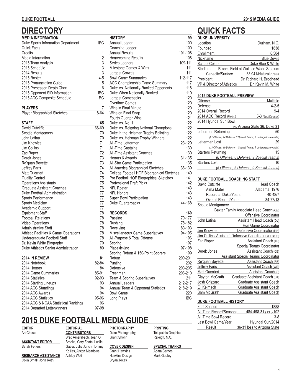 Directory 2015 Duke Football Media Guide Quick Facts