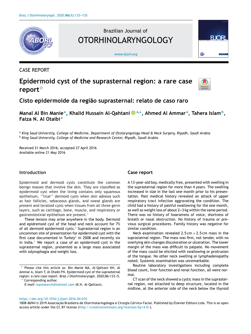 Epidermoid Cyst of the Suprasternal Region: a Rare Case Report