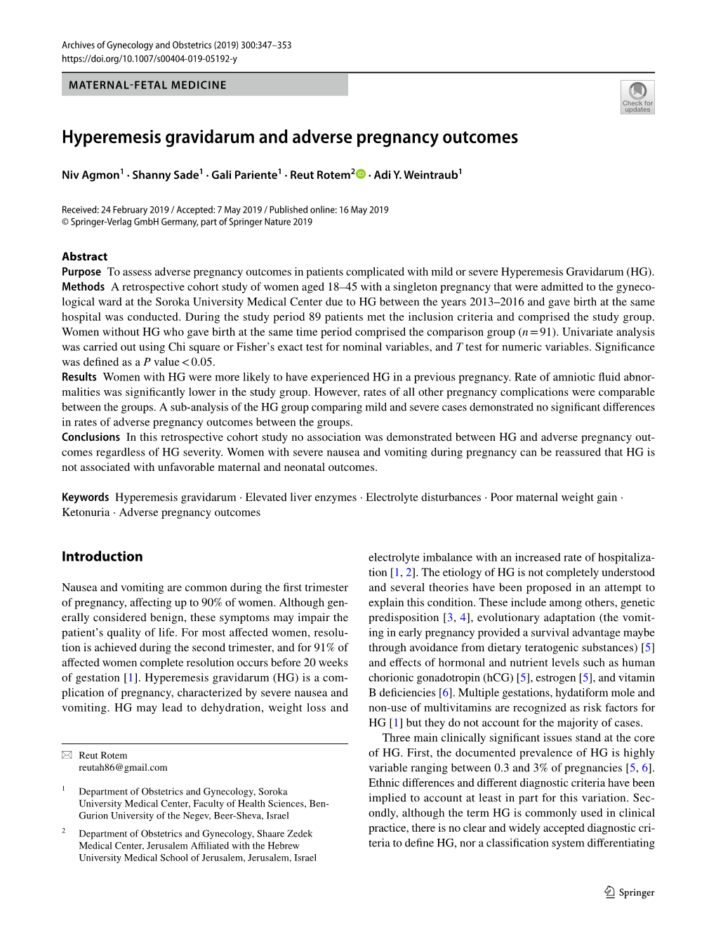 Hyperemesis Gravidarum and Adverse Pregnancy Outcomes