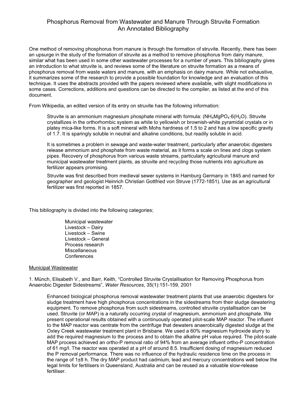 Phosphorus Removal from Wastewater and Manure Through Struvite Formation an Annotated Bibliography