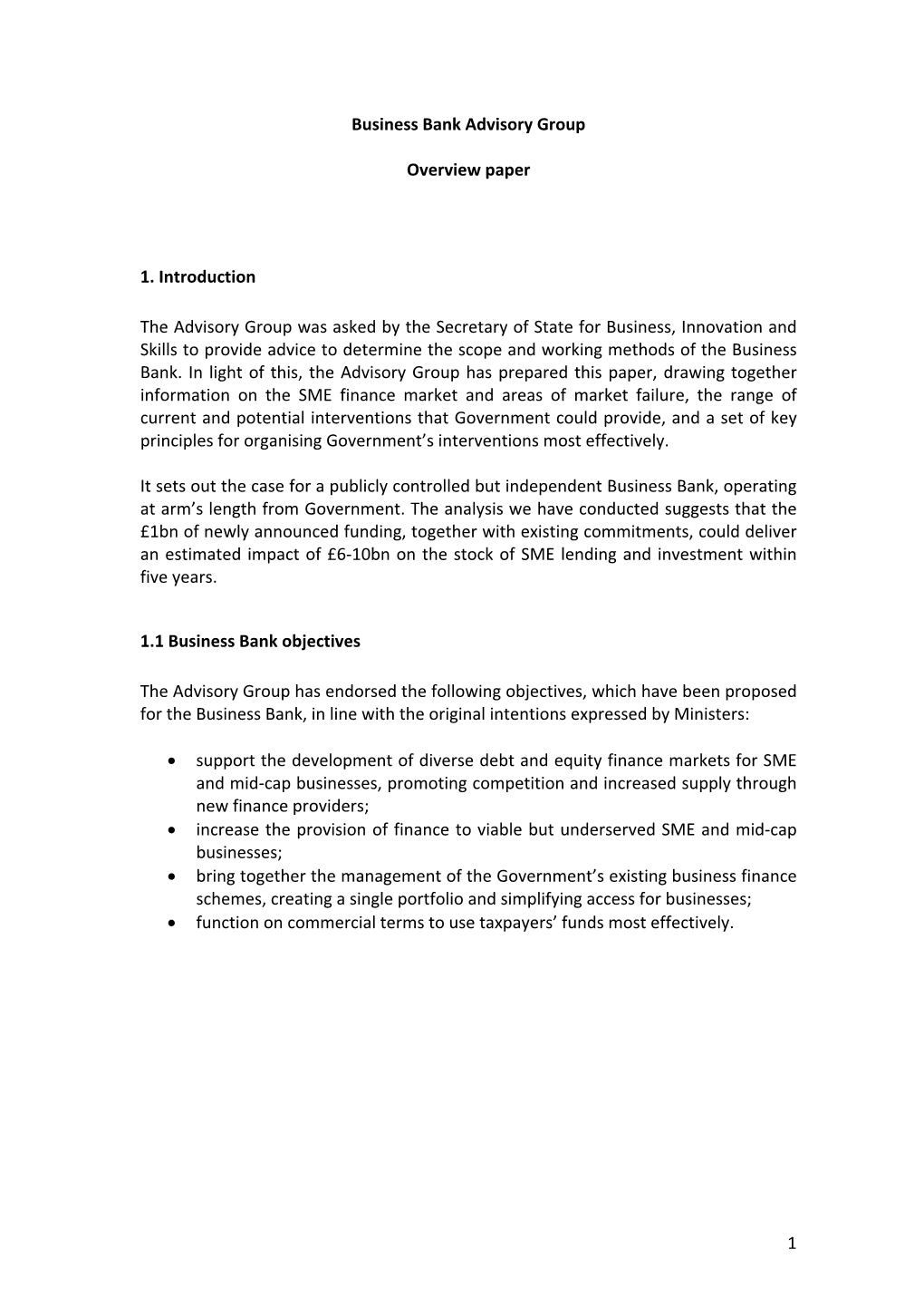 Business Bank Advisory Group: Overview Paper