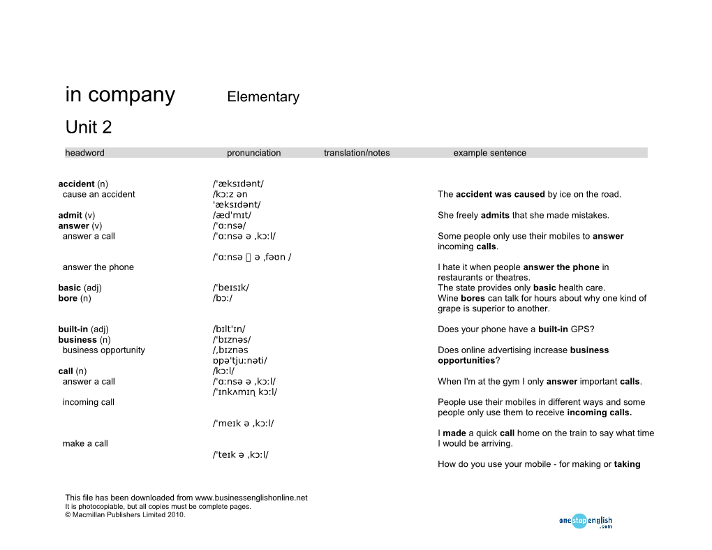 Headword Pronunciation Translation/Notes Example Sentence