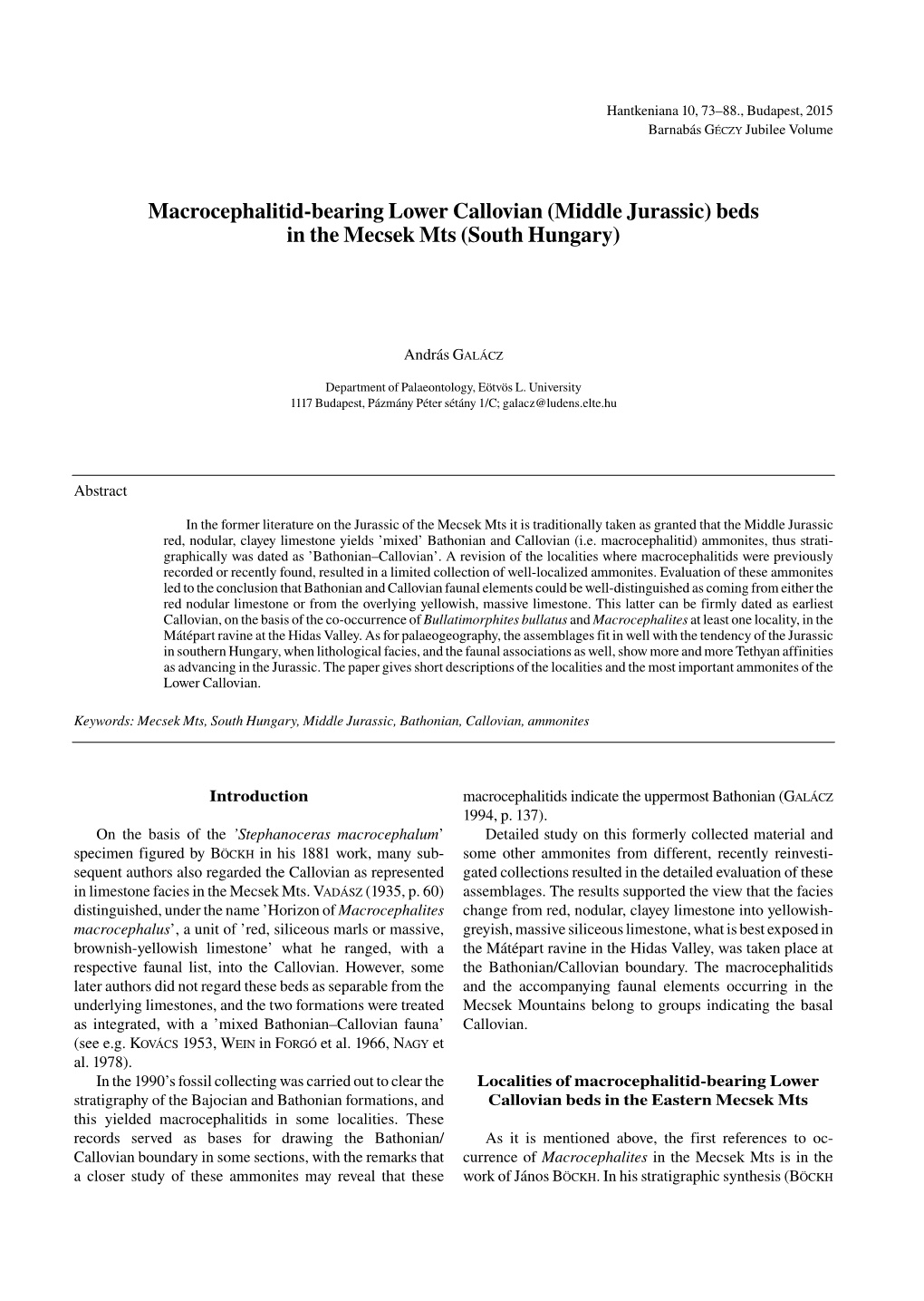 Macrocephalitid-Bearing Lower Callovian (Middle Jurassic) Beds in the Mecsek Mts (South Hungary)