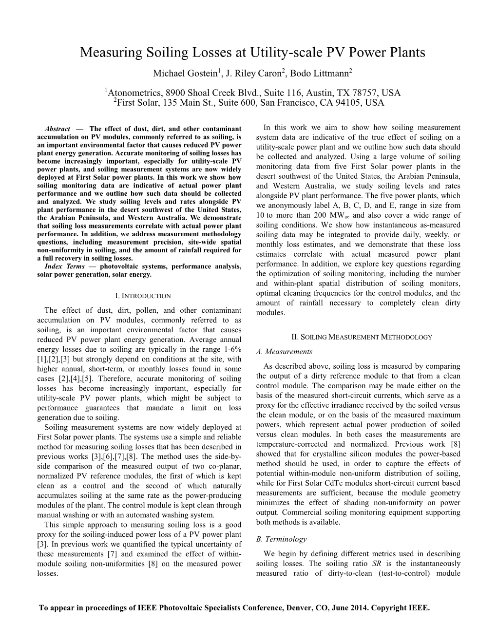 Measuring Soiling Losses at Utility-Scale PV Power Plants Michael Gostein1, J