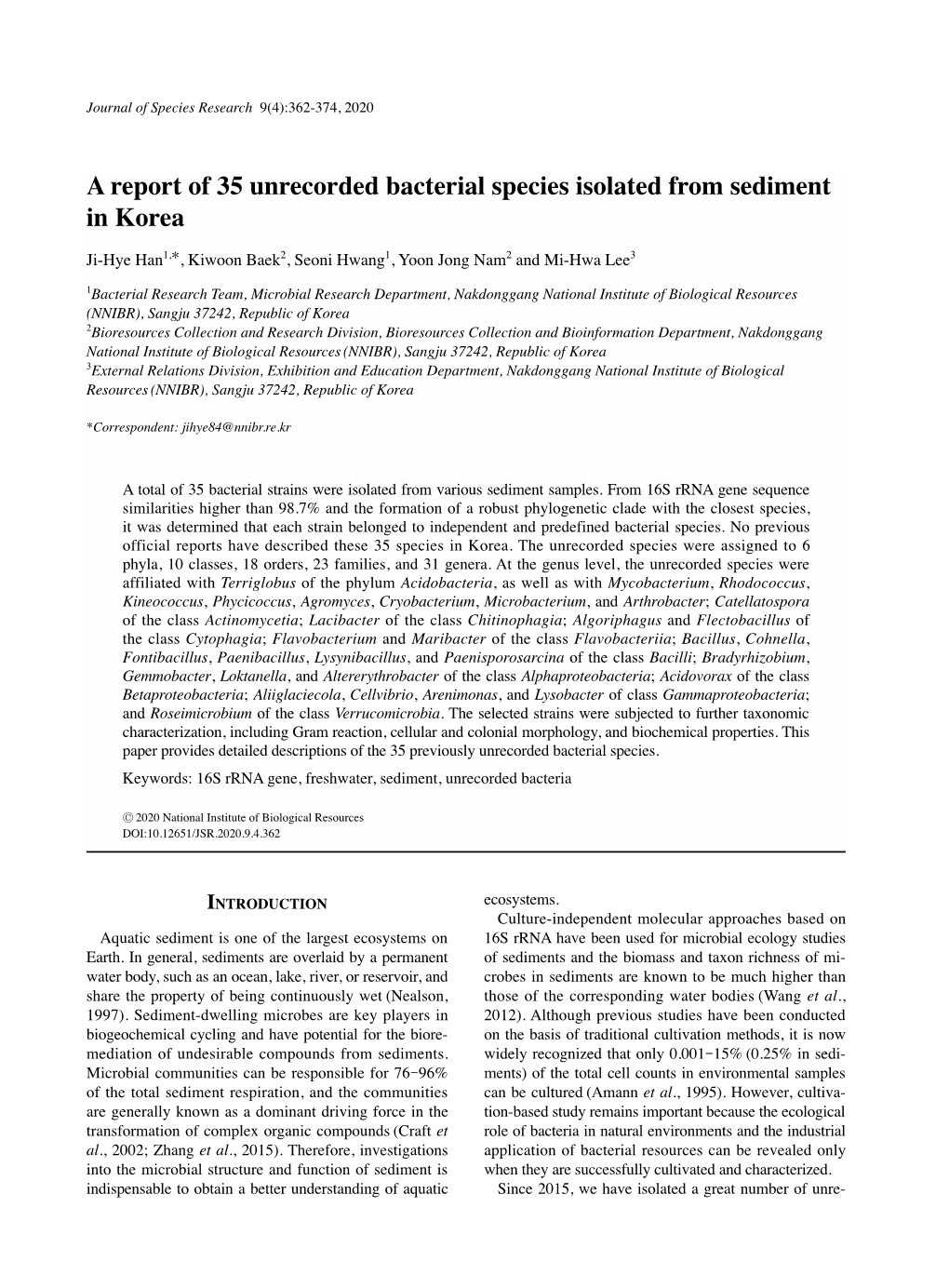 A Report of 35 Unrecorded Bacterial Species Isolated from Sediment in Korea