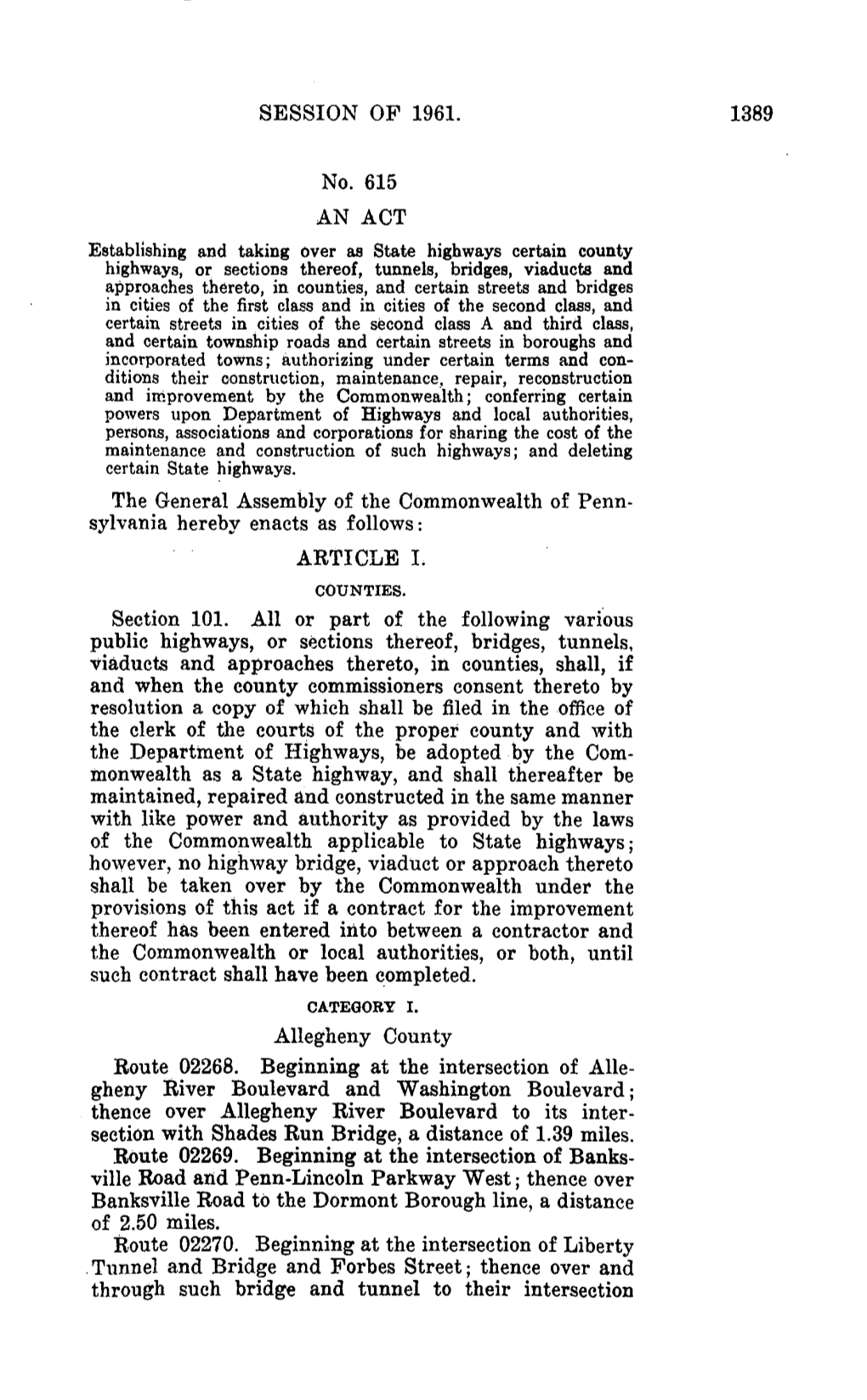 1389 Section 101. All Or Part of the Following Various Public Highways, Or Sections Thereof, Bridges, Tunnels, and When the Coun