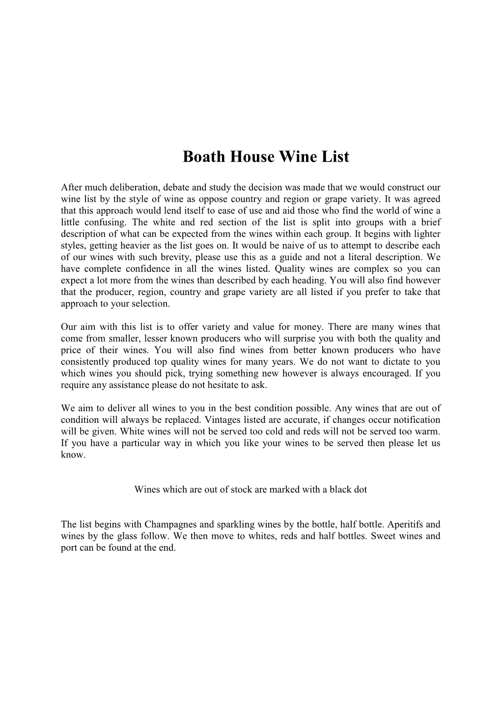 Boath House Wine List