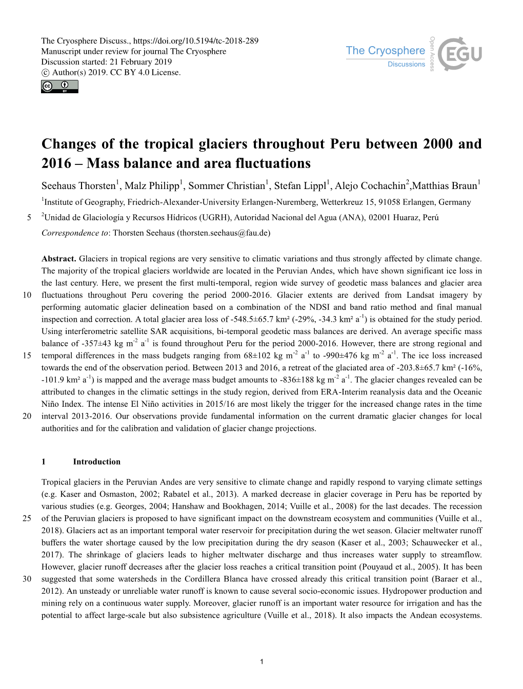 Changes of the Tropical Glaciers Throughout Peru Between