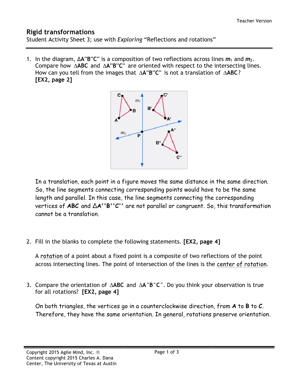 Rigid Transformations Student Activity Sheet 3; Use with Exploring “Reflections and Rotations”