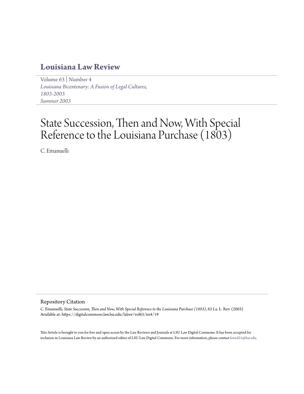 State Succession, Then and Now, with Special Reference to the Louisiana Purchase (1803) C
