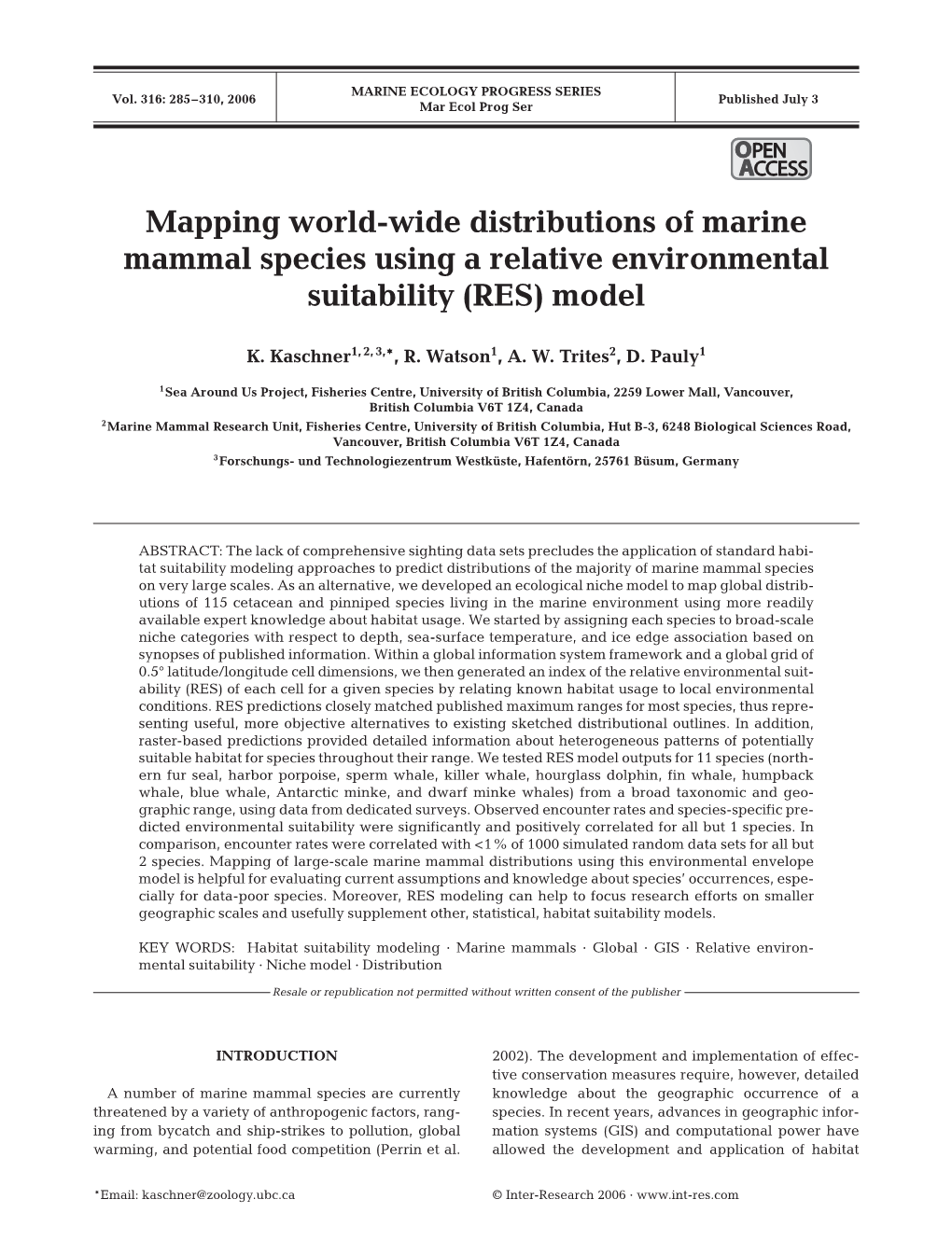 Mapping World-Wide Distributions of Marine Mammal Species Using a Relative Environmental Suitability (RES) Model