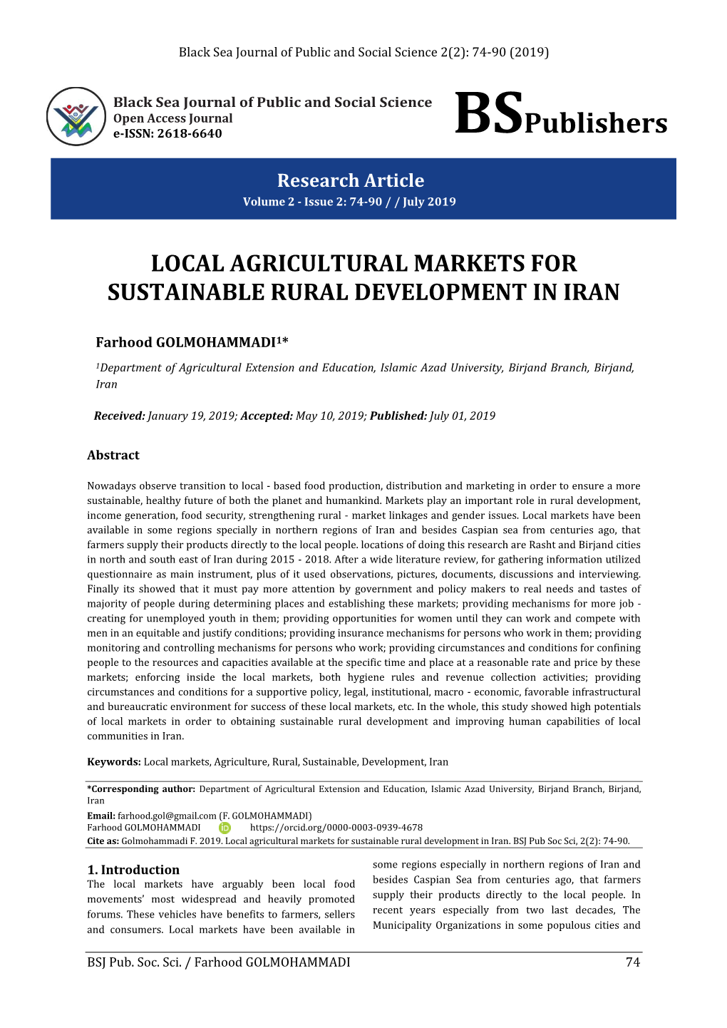 Local Agricultural Markets for Sustainable Rural Development in Iran