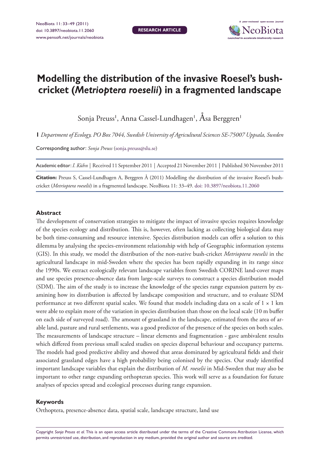 Modelling the Distribution of the Invasive Roesel's Bush-Cricket