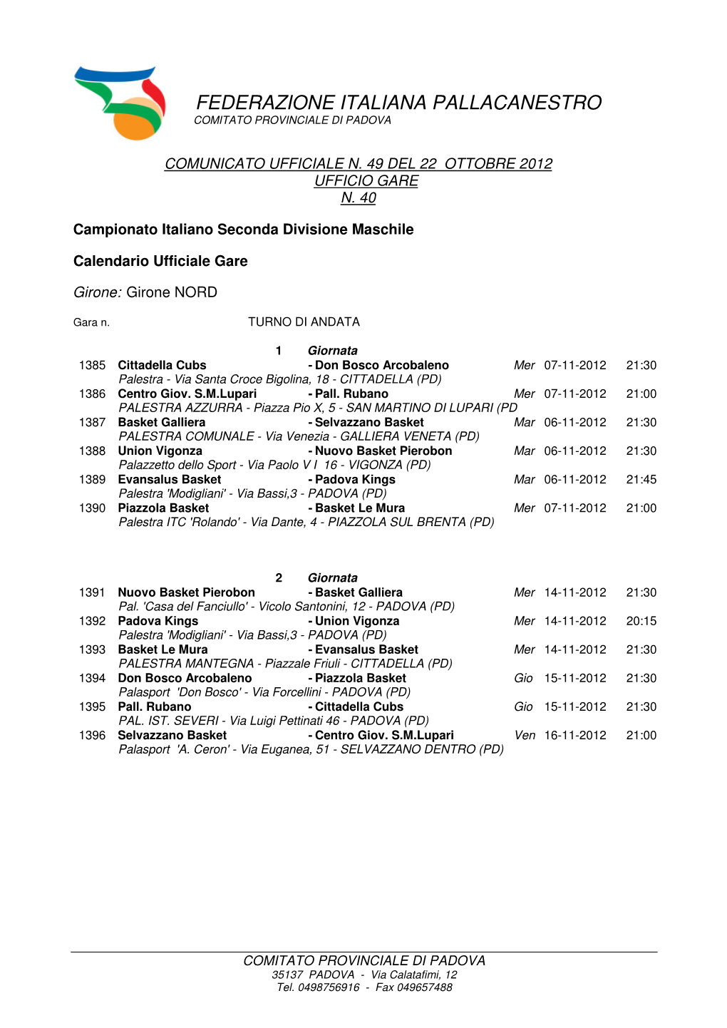 Federazione Italiana Pallacanestro Comitato Provinciale Di Padova