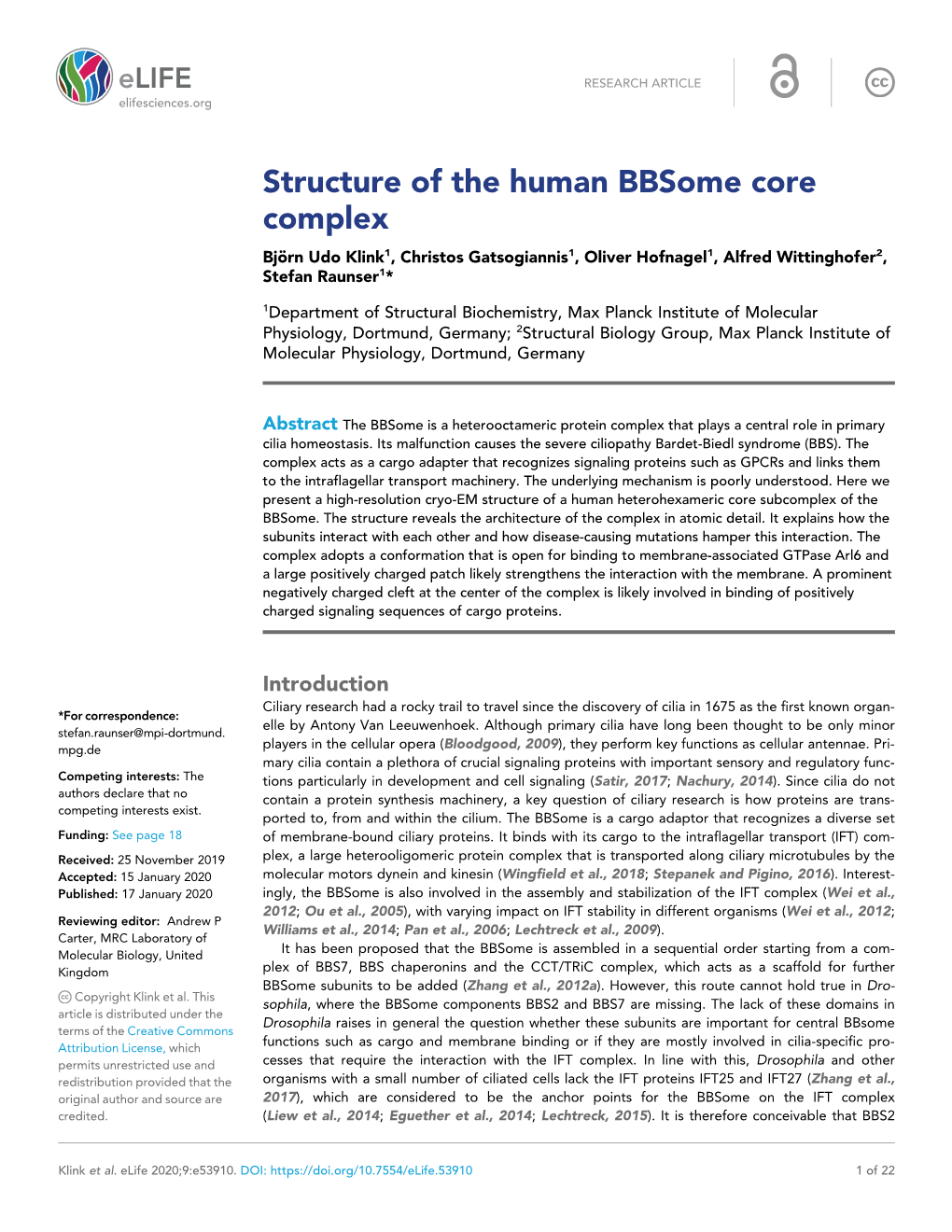 Structure of the Human Bbsome Core Complex Bjo¨ Rn Udo Klink1, Christos Gatsogiannis1, Oliver Hofnagel1, Alfred Wittinghofer2, Stefan Raunser1*