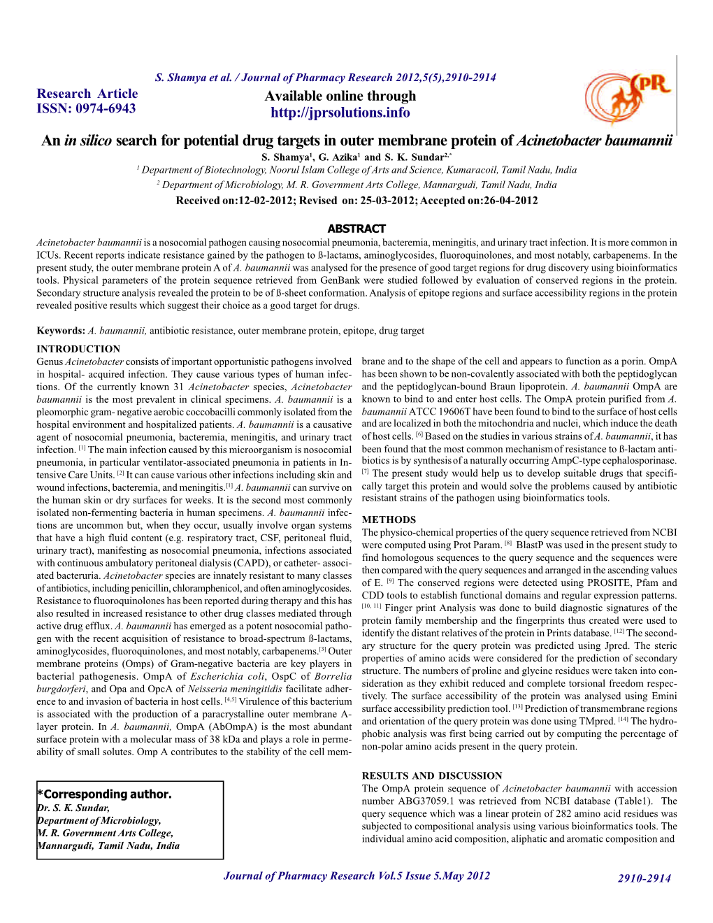 An in Silico Search for Potential Drug Targets in Outer Membrane Protein of Acinetobacter Baumannii S