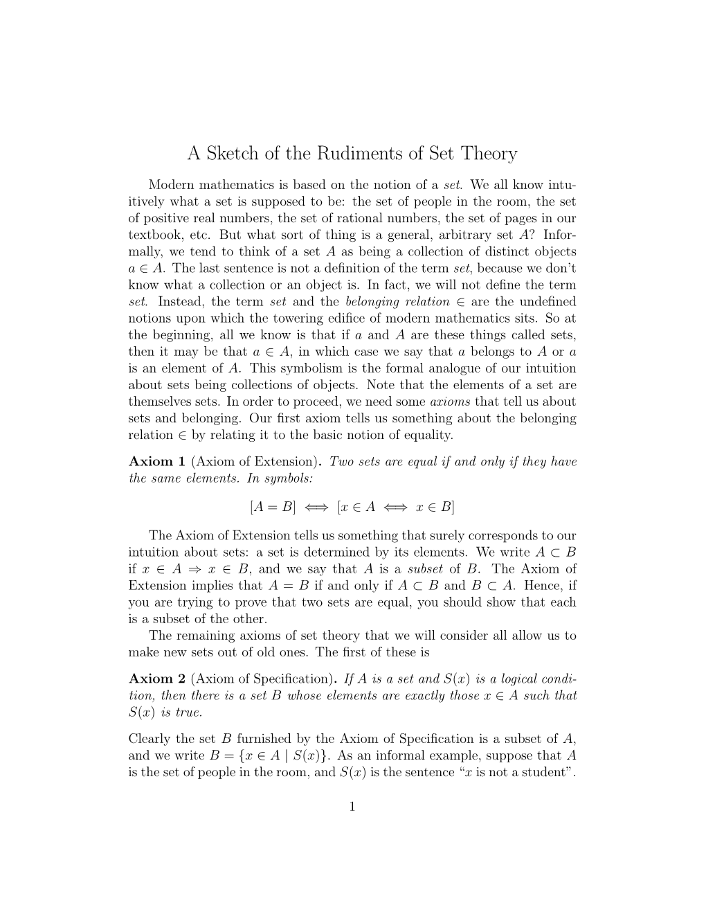 A Sketch of the Rudiments of Set Theory