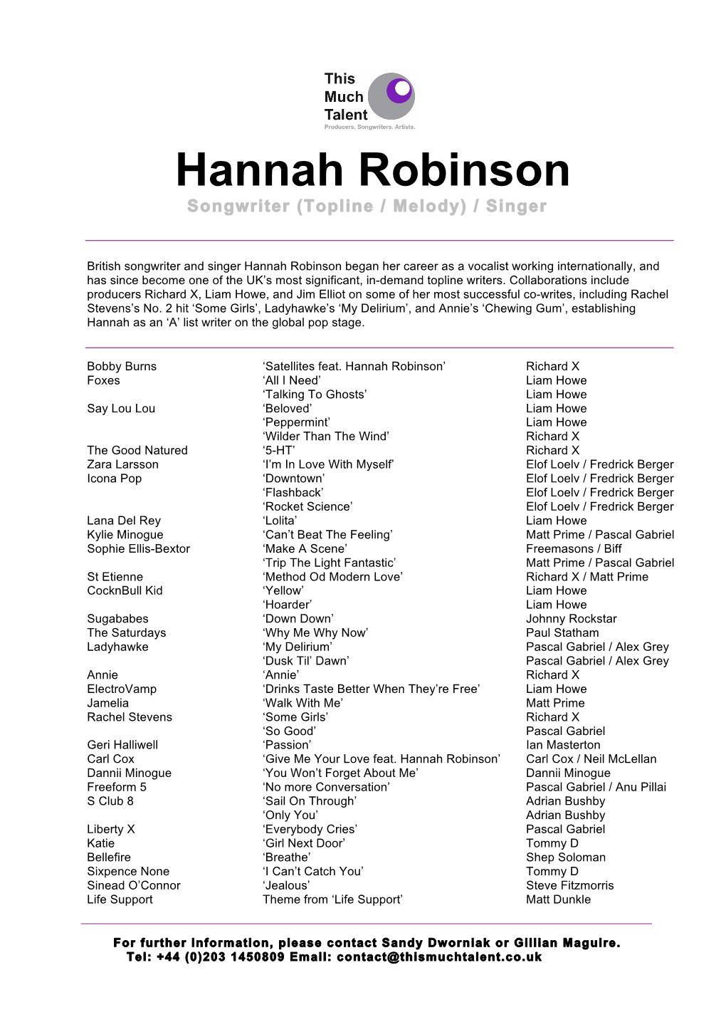 Hannah Robinson Songwriter (Topline / Melody) / Singer