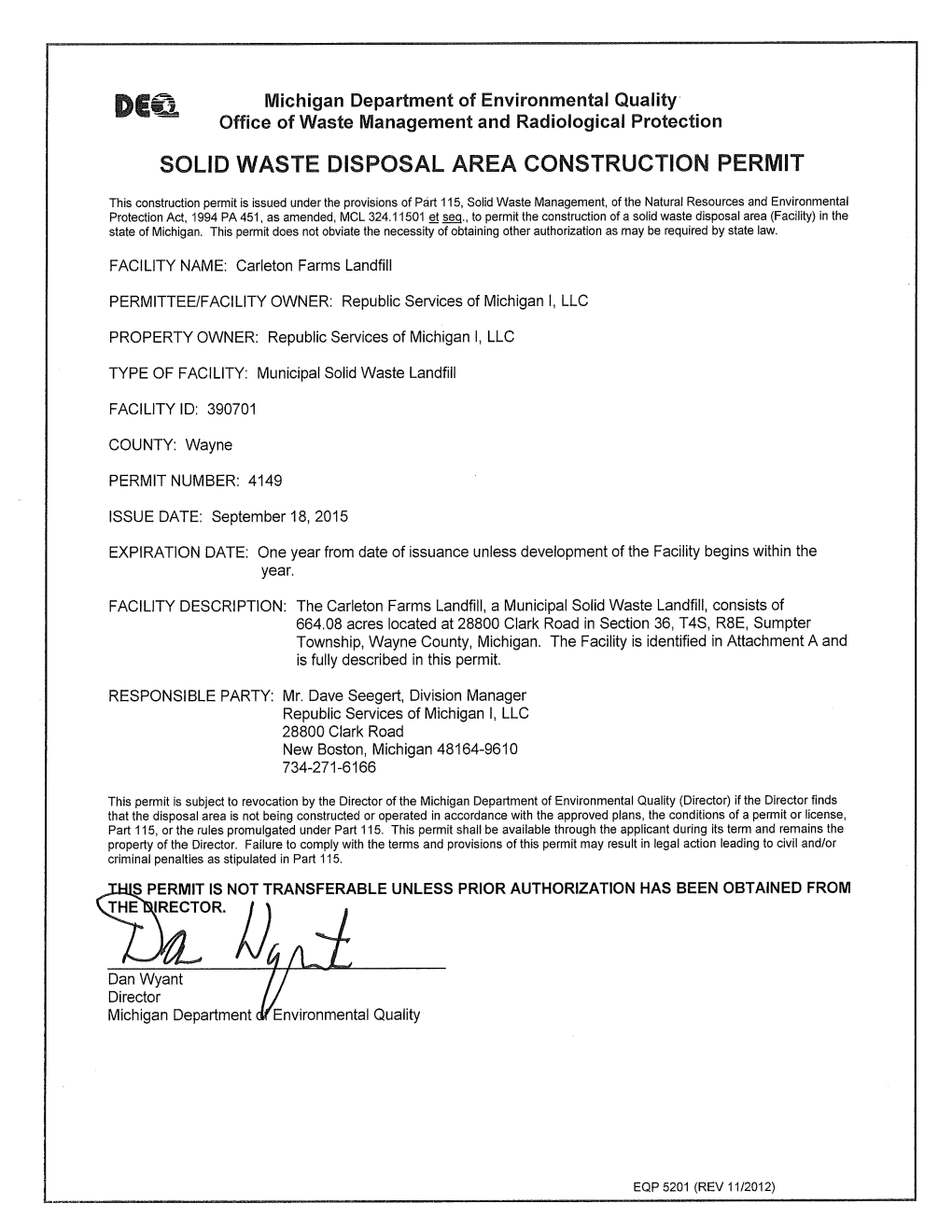 Solid Waste Disposal Area Construction Permit