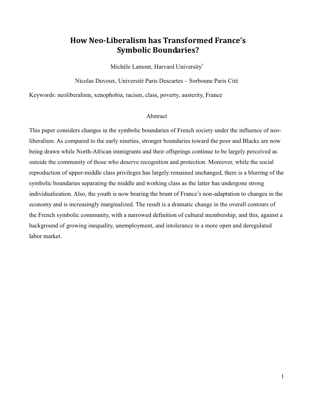 How Neo-Liberalism Has Transformed France's Symbolic Boundaries?