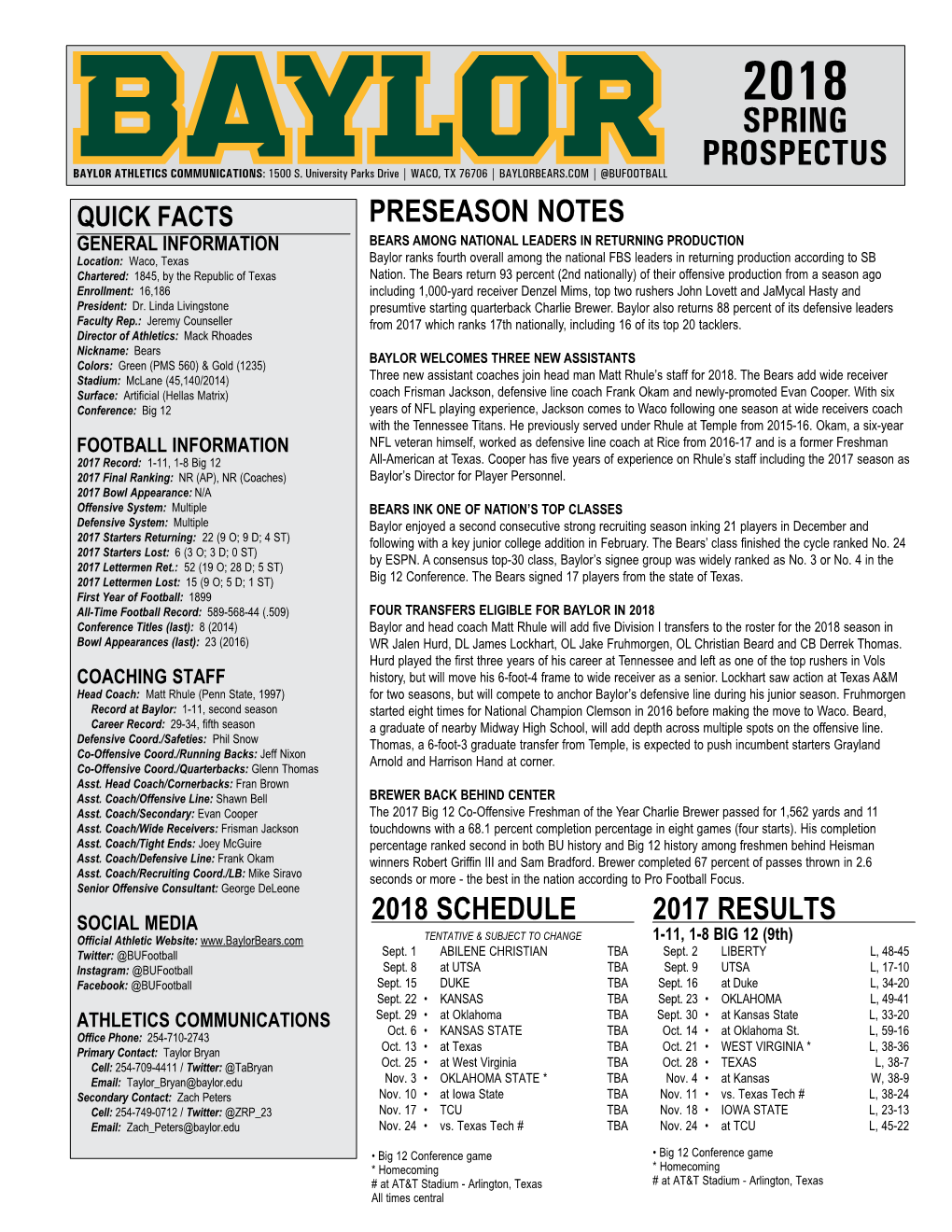 Spring Prospectus Baylor Athletics Communications: 1500 S