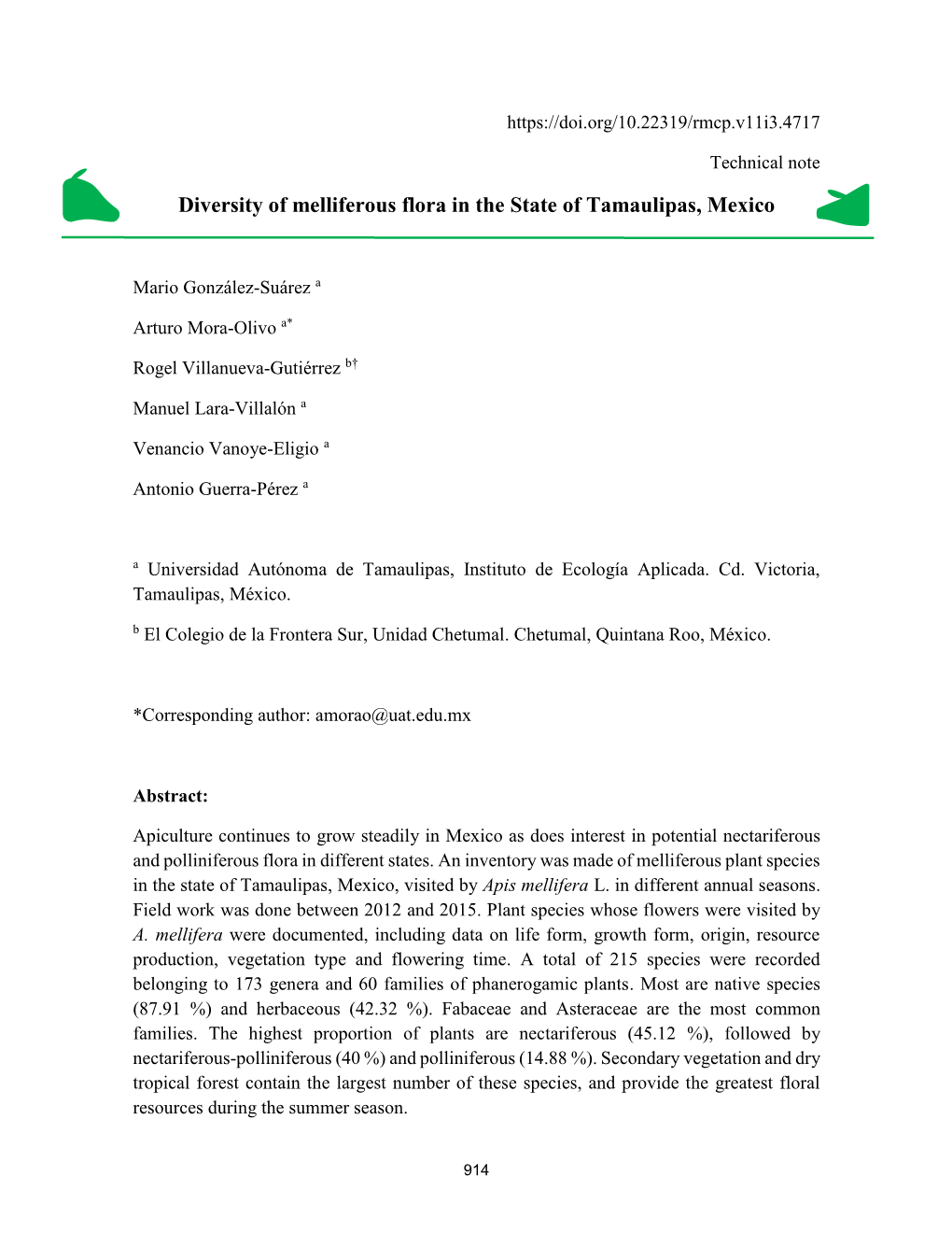 Diversity of Melliferous Flora in the State of Tamaulipas, Mexico