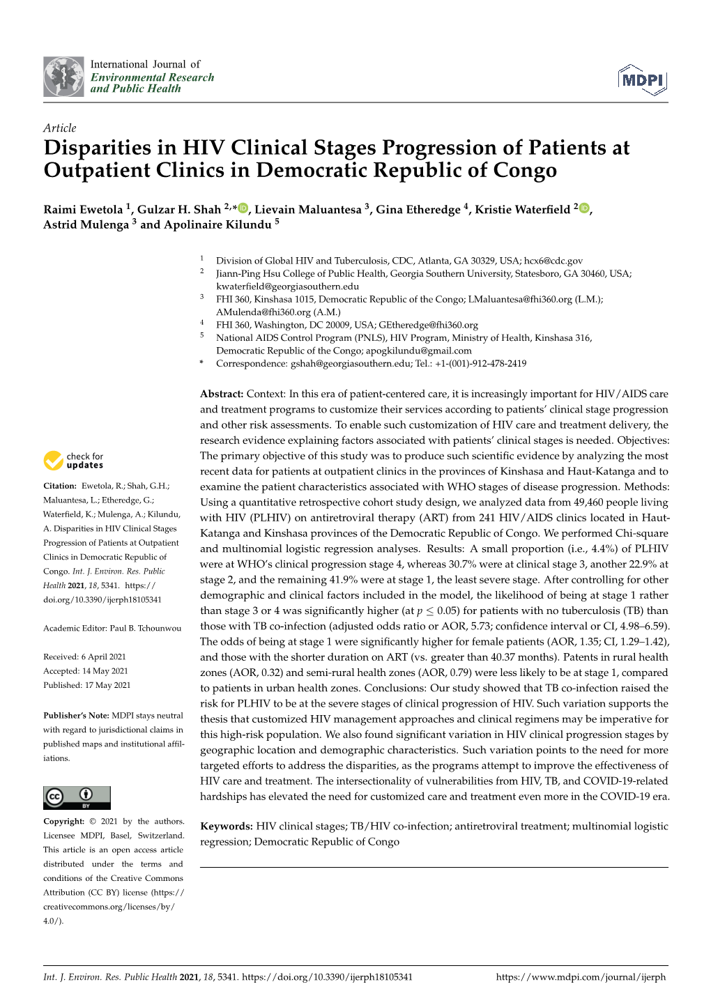 Disparities in HIV Clinical Stages Progression of Patients at Outpatient Clinics in Democratic Republic of Congo