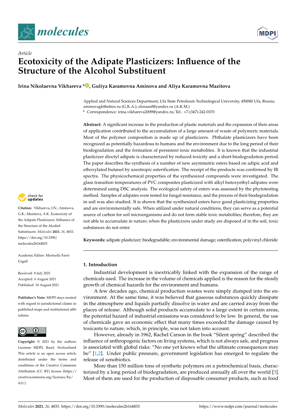 Ecotoxicity of the Adipate Plasticizers: Inﬂuence of the Structure of the Alcohol Substituent