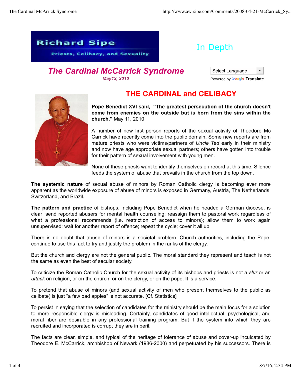 The Cardinal Mccarrick Syndrome Select Language May12, 2010 Powered by Translate