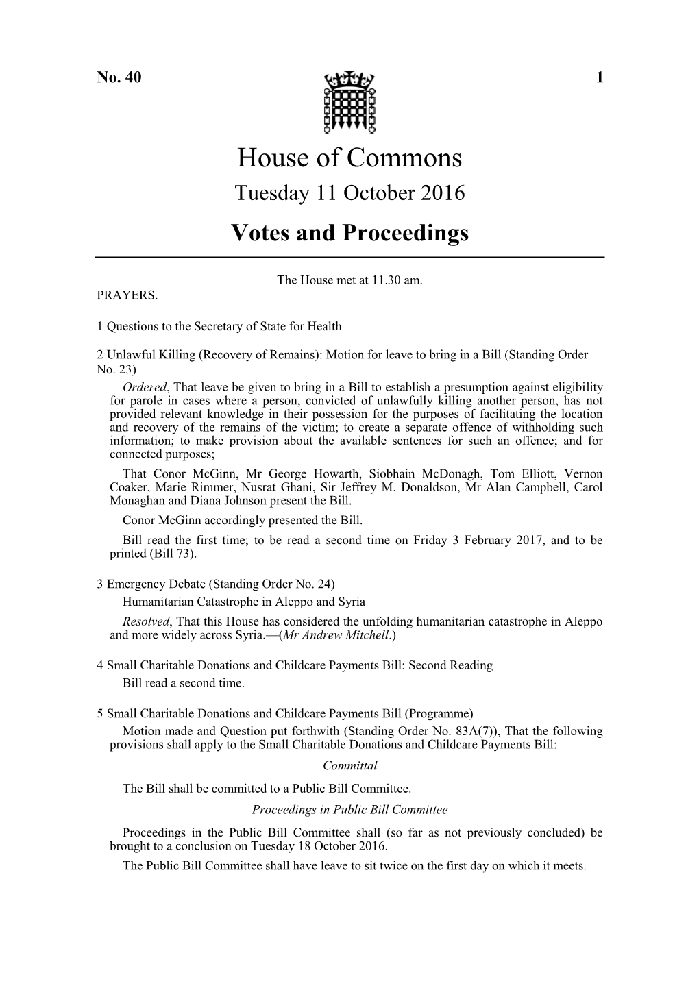 House of Commons Tuesday 11 October 2016 Votes and Proceedings