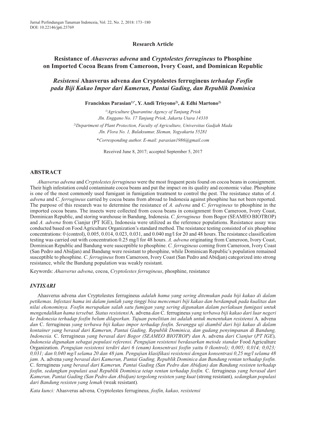 Resistance of Ahasverus Advena and Cryptolestes Ferrugineus to Phosphine on Imported Cocoa Beans from Cameroon, Ivory Coast, and Dominican Republic