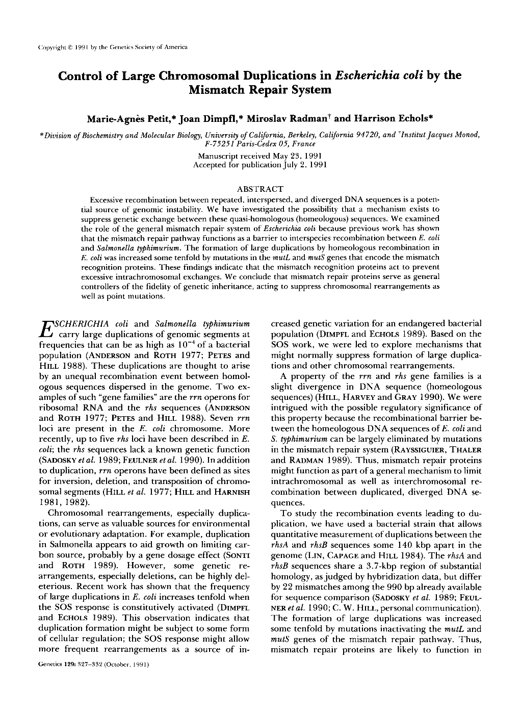 Control of Large Chromosomal Duplications in Escherichia Coli by the Mismatch Repair System