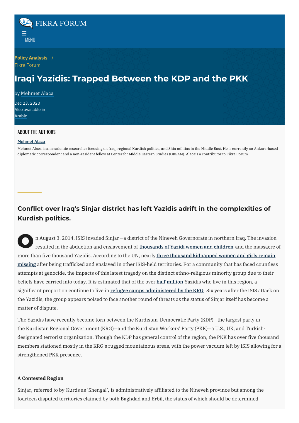 Iraqi Yazidis: Trapped Between the KDP and the PKK by Mehmet Alaca