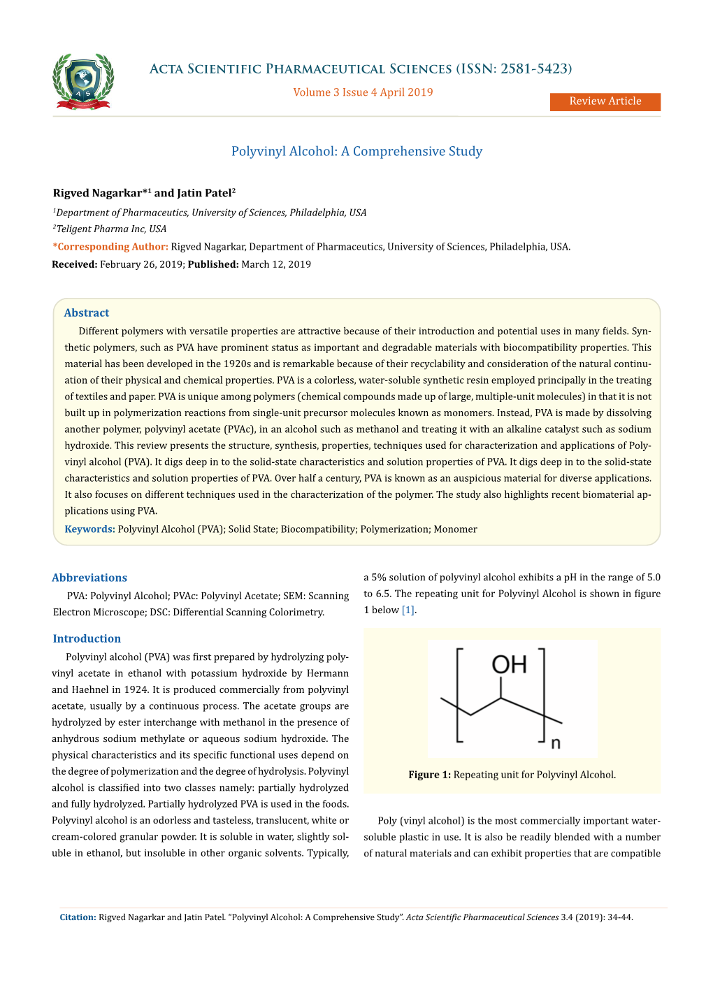 Polyvinyl Alcohol: a Comprehensive Study