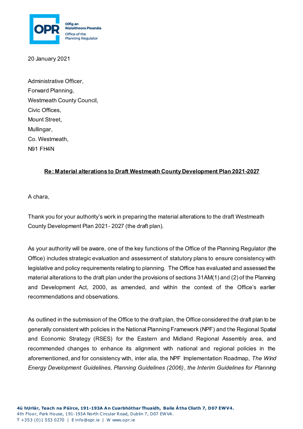 20 January 2021 Administrative Officer, Forward Planning